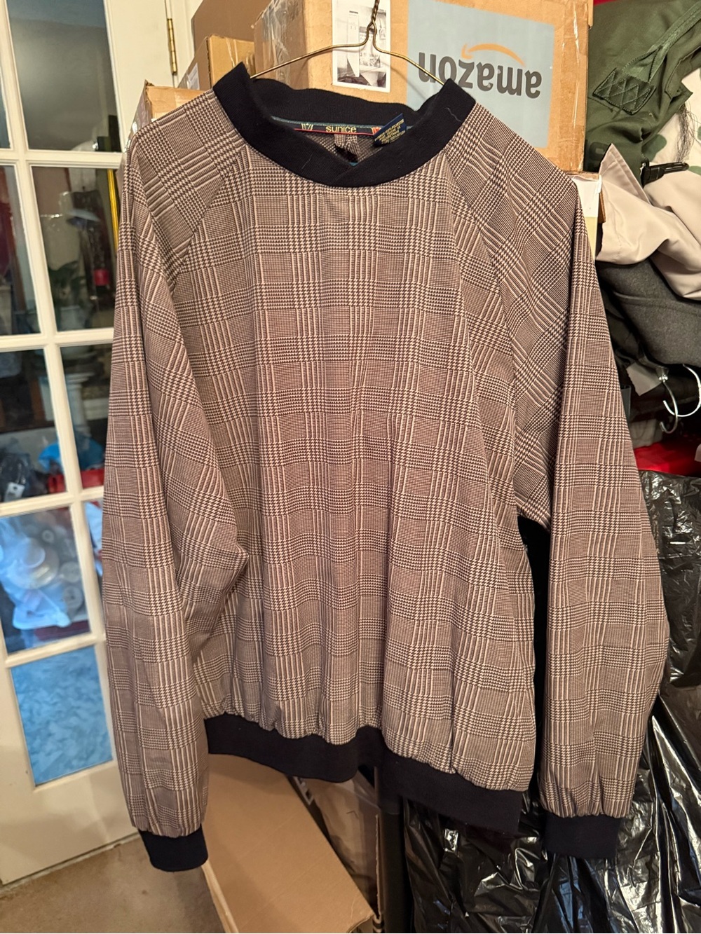Sunice Men's Glen Plaid Crewneck Sweater with Black Trim